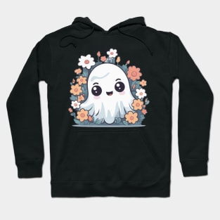 Kawaii Halloween Ghost Among Colorful Flowers Hoodie